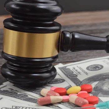 A gavel rests on money, accompanied by various pills and a syringe, symbolizing legality and the pharmaceutical industry.