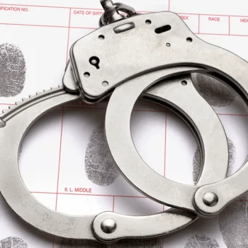 A pair of silver handcuffs rests on a fingerprint identification form, highlighting crime scene and forensic elements.