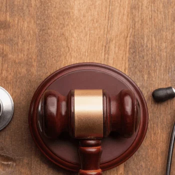 A wooden gavel and a stethoscope lie side by side on a rustic wooden surface, symbolizing the intersection of law and medicine.